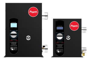 Raypak E3T single phase electric heaters shown in the 5.5 kW and 18 kW cabinet sizes