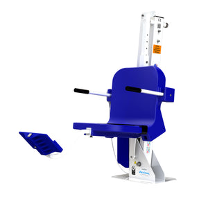 Aqua Creek Admiral ADA pool lift — white frame, blue seat, three-quarter view