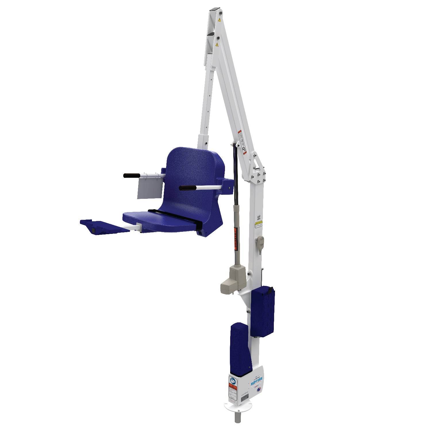 Aqua Creek Neptune above ground pool and spa lift — white frame, blue seat