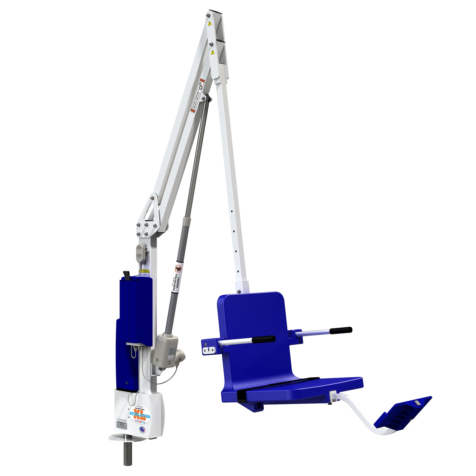 Aqua Creek Revolution XL ADA pool lift — white frame, blue seat