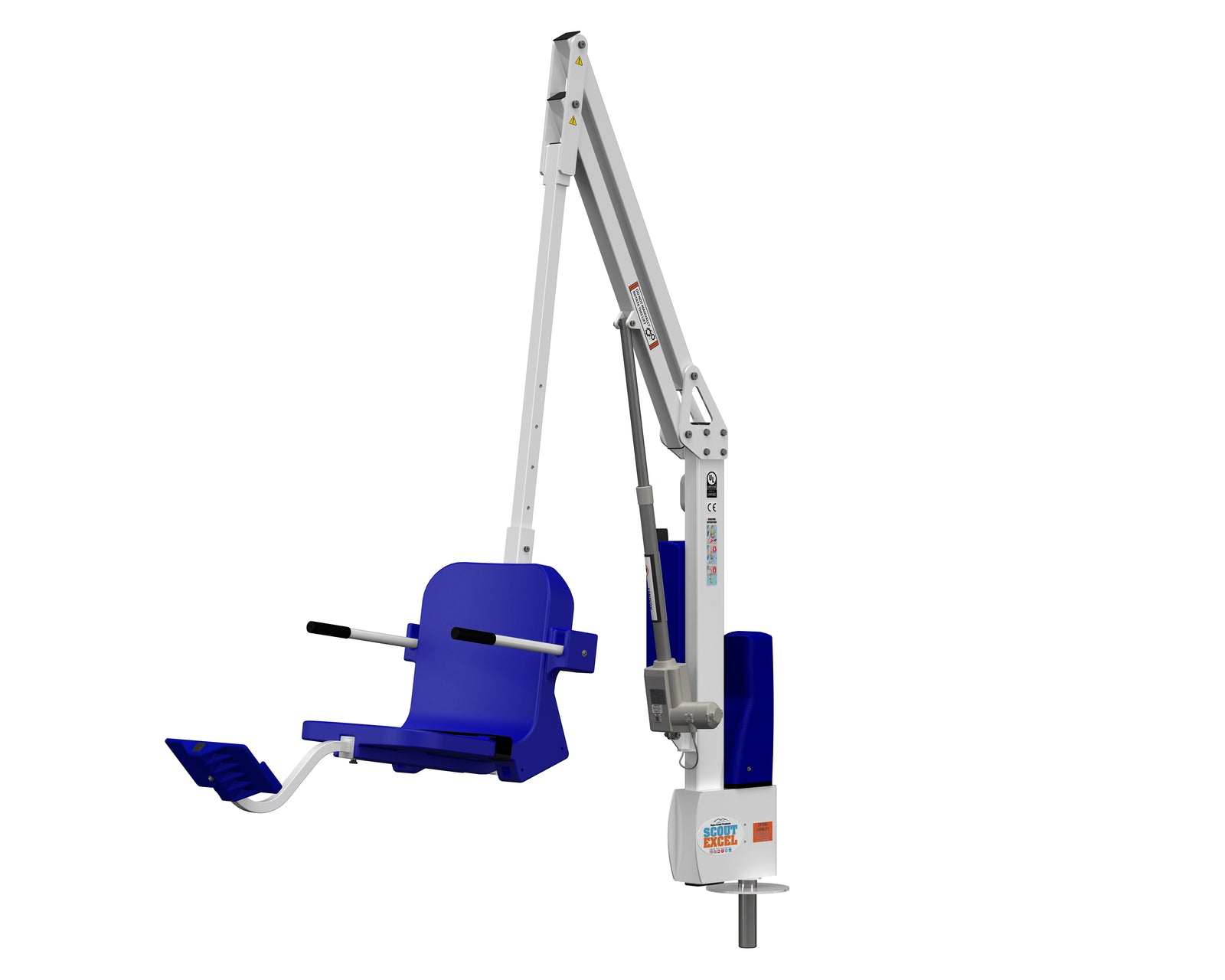 Aqua Creek Scout Excel ADA pool lift — white frame, blue seat, three-quarter view