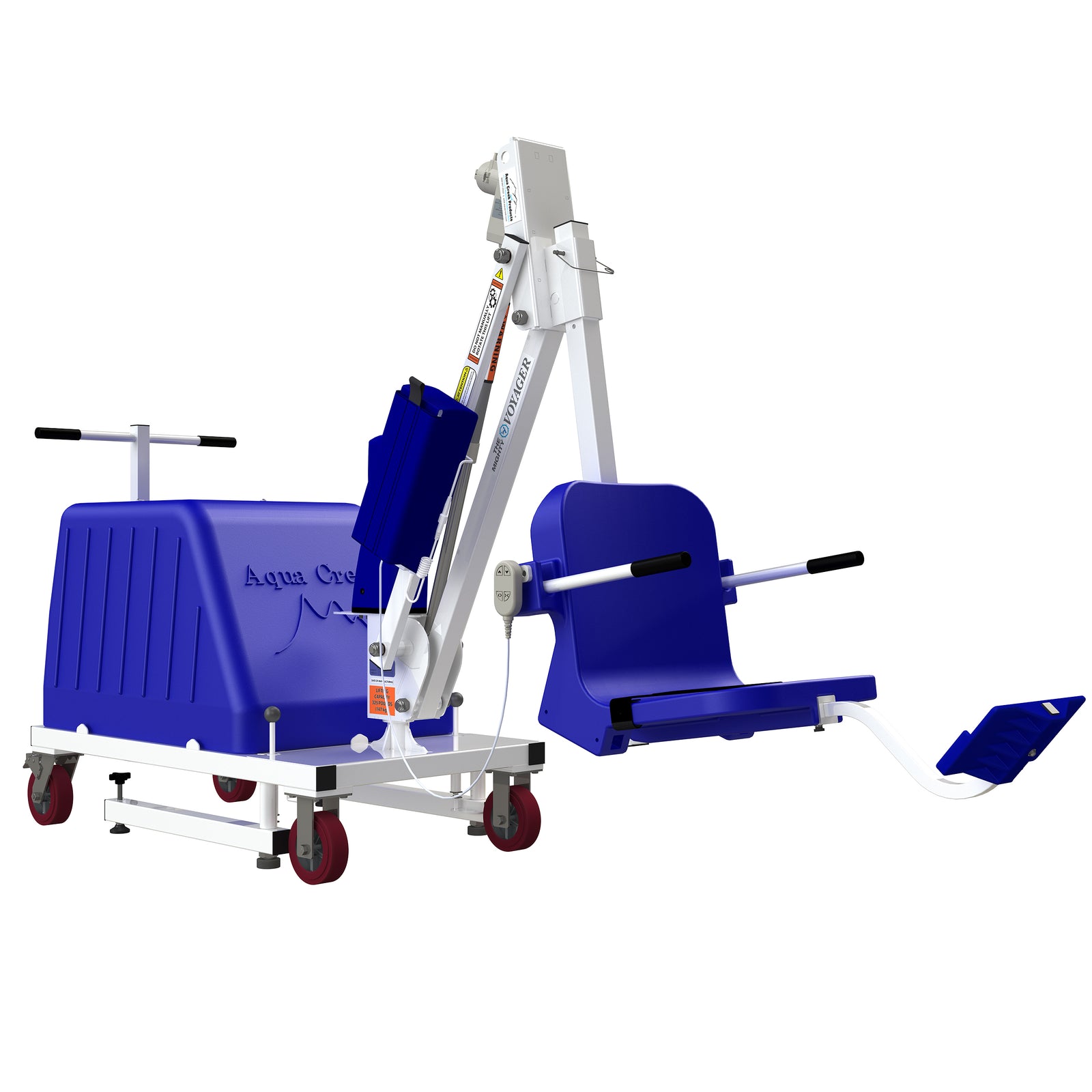 Aqua Creek Mighty Voyager portable ADA pool lift — white frame, blue ballast and seat