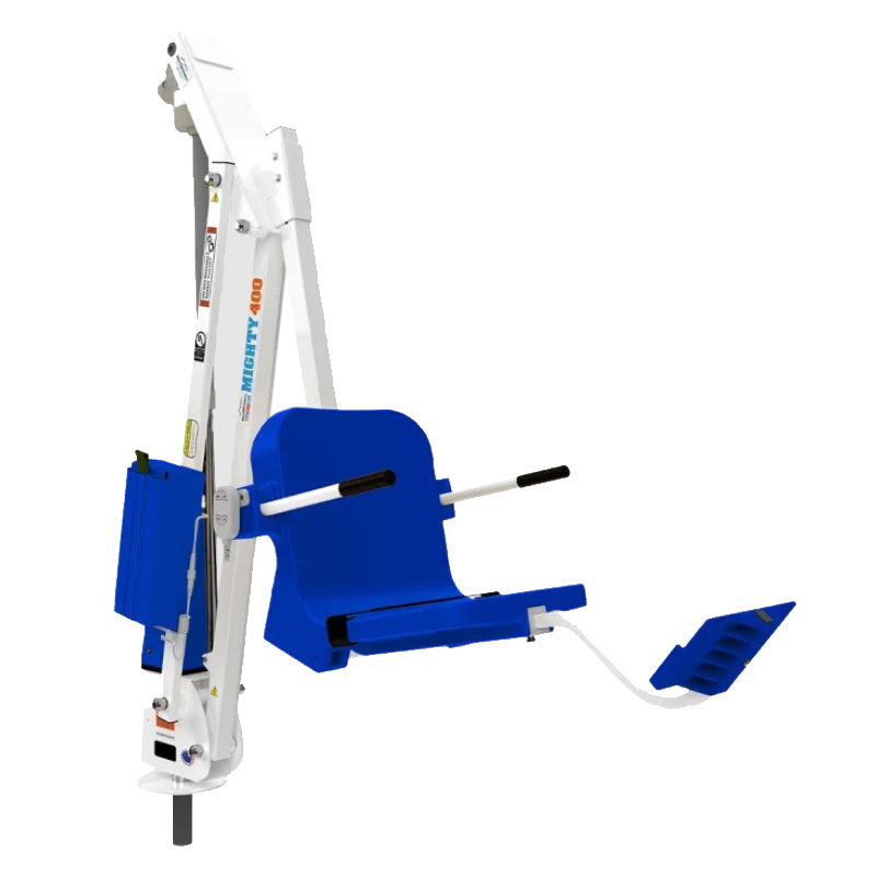 Aqua Creek Mighty 400 ADA pool lift — white frame with blue seat, three-quarter view