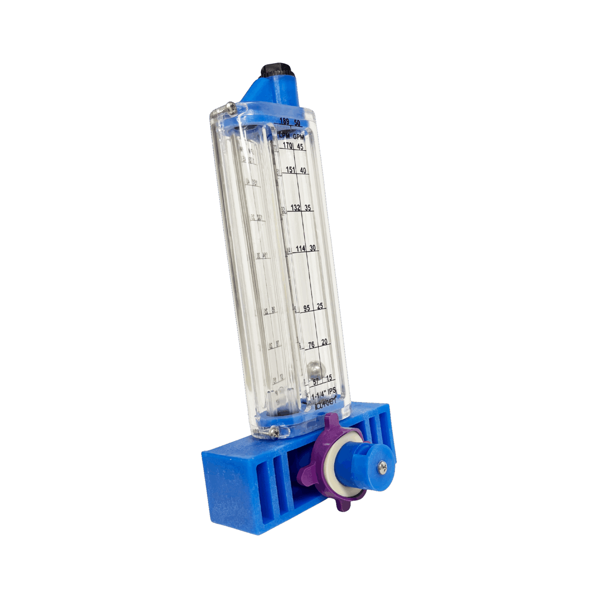 1-1/4" PVC Pool Flowmeter — the Vertical Mount option, detail view