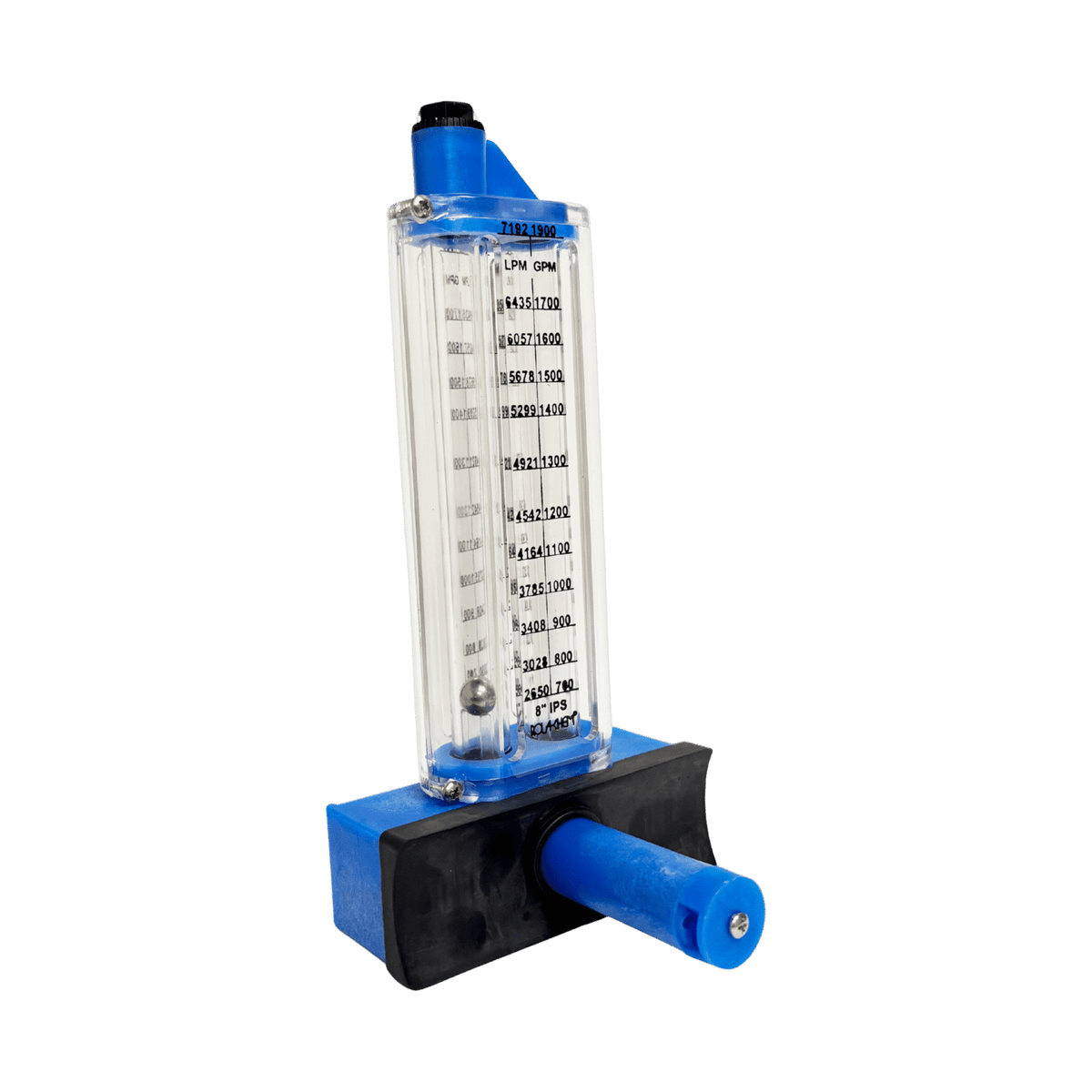 8" PVC Pool Flowmeter — the meter body with its saddle mounting block fitted