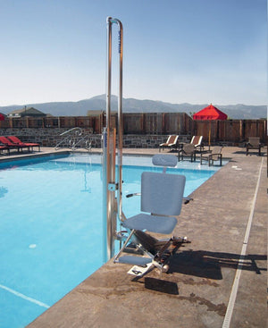 Spectrum Aquatics Gallatin WP400 water-powered pool lift — lift with grey seat at poolside