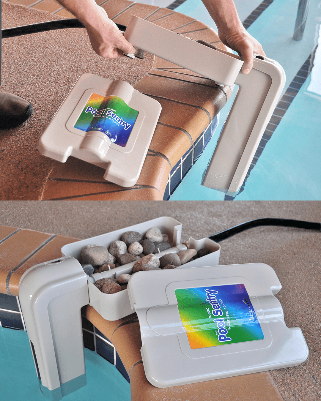 Pool Sentry M-3000 Automatic Pool Water Leveler — the leveler on the pool deck with its fill hose connected