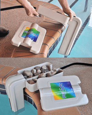 Pool Sentry M-3000 Automatic Pool Water Leveler — the leveler on the pool deck with its fill hose connected