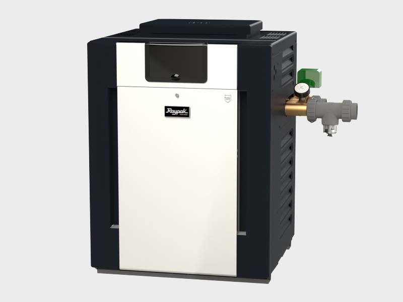 Raypak Professional 408 ASME pool heater, front view of the bronze-header cabinet