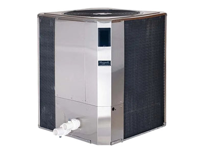 Raypak professional commercial pool heat pump, front view of the stainless cabinet