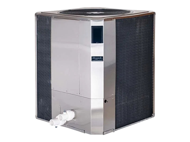 Raypak professional commercial pool heat pump, front view of the stainless cabinet