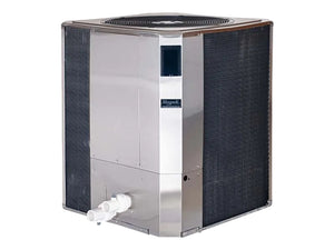 Raypak professional commercial pool heat pump, front view of the stainless cabinet