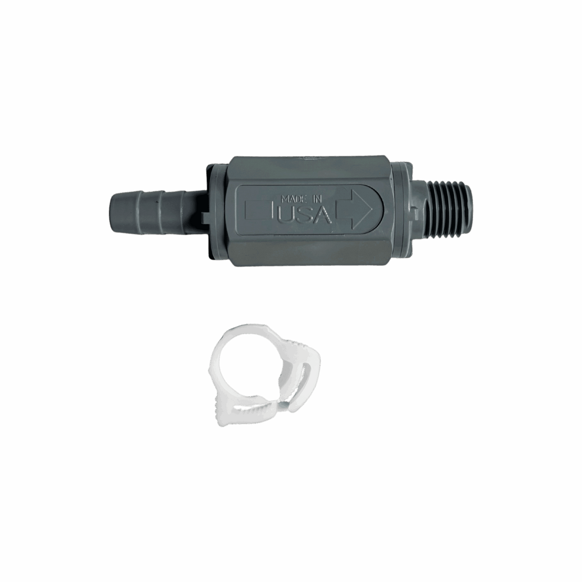 PVC Chemical Feed Check Valve — the Injection 1/4" NPT option from the opposite side