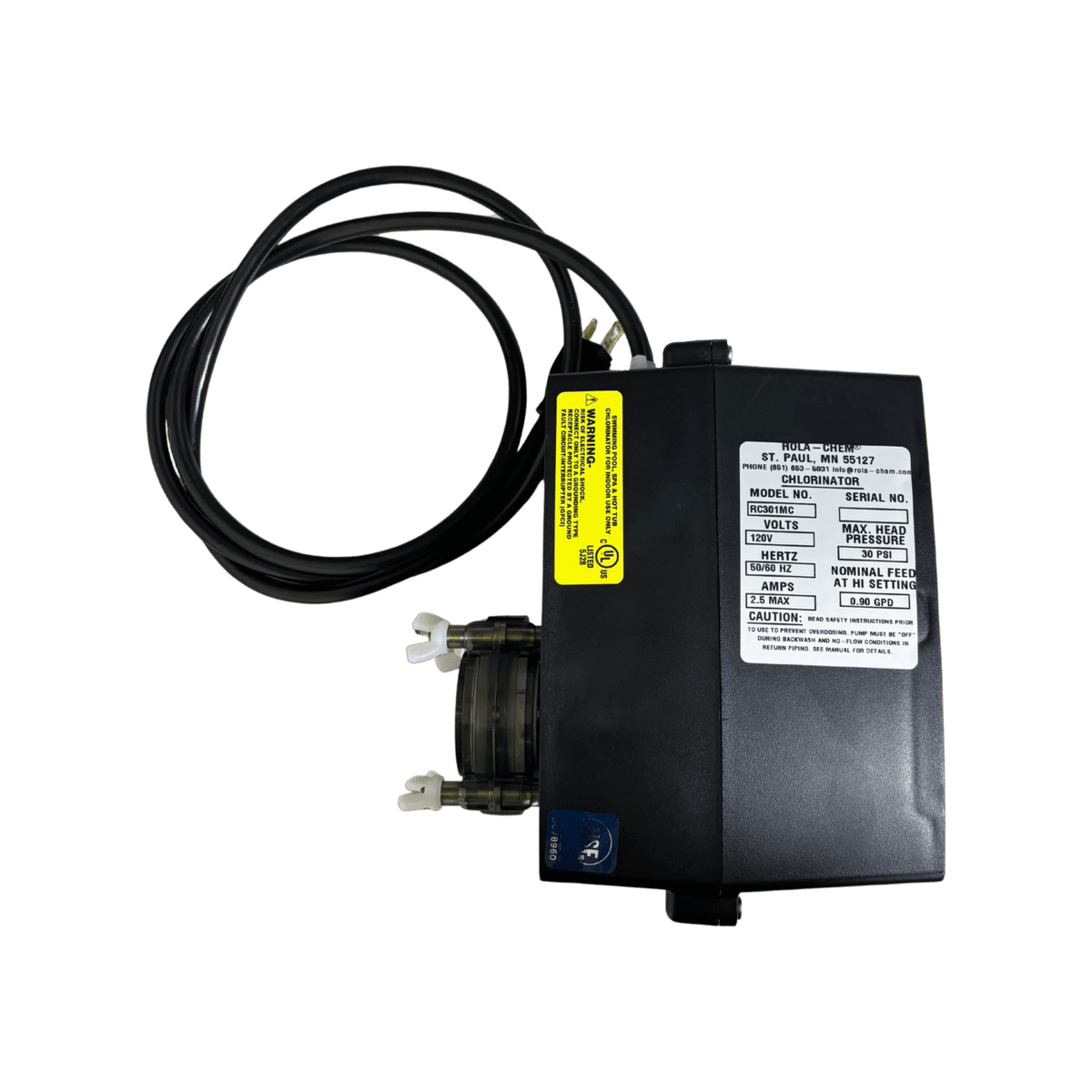 Pro Series 301 Peristaltic Chemical Metering Pump — close-up of the timer dial and tube connections