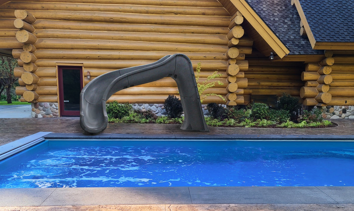 Global Pool Products Side Winder pool slide installed on a pool deck