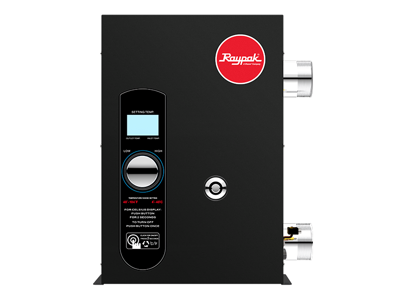Raypak E3T single phase electric pool heater, front view of the pool-model cabinet