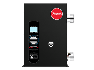 Raypak E3T single phase electric pool heater, front view of the pool-model cabinet