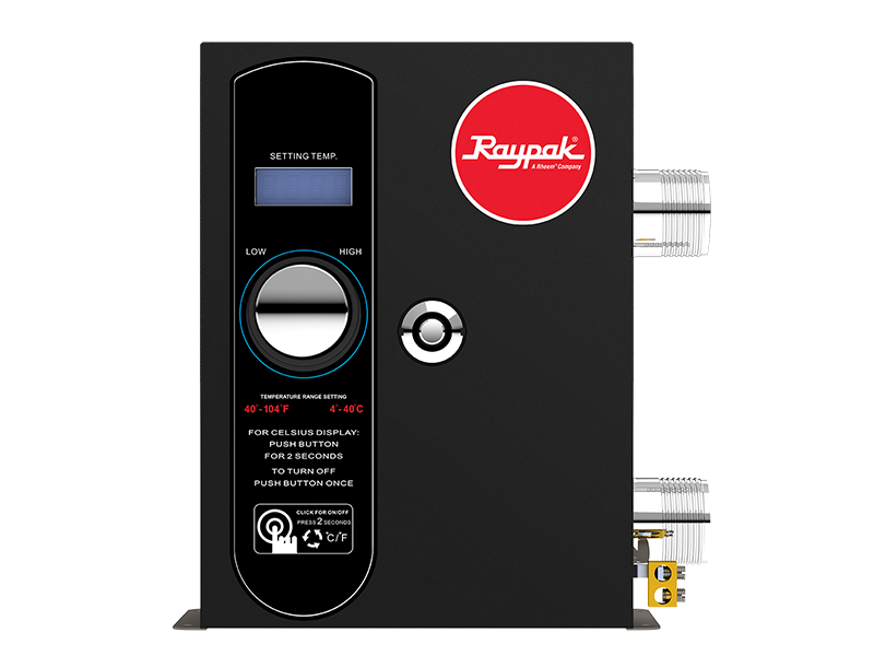 Raypak E3T electric pool heater, single unit front view with titanium elements