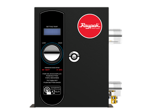 Raypak E3T electric pool heater, single unit front view with titanium elements