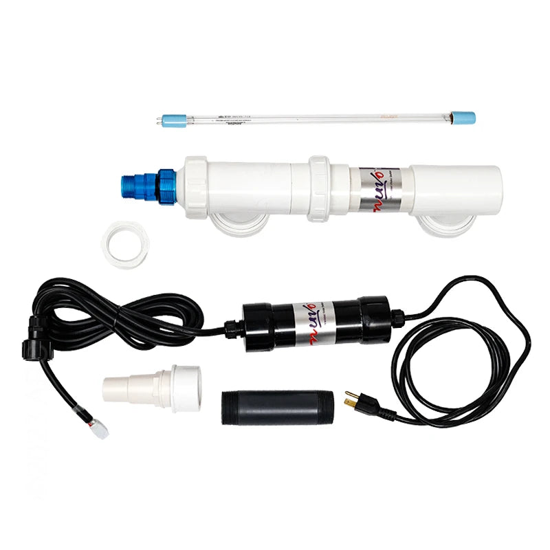 Solaxx NUVO UV 1500 pool UV sanitizer with chamber, power cord and plumbing fittings