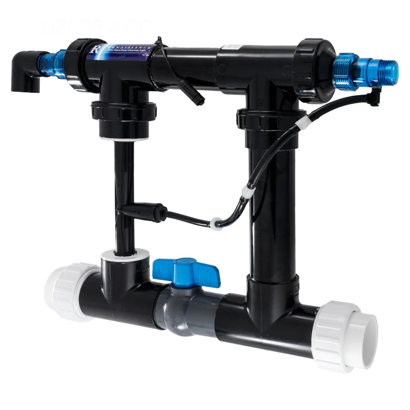 Solaxx Renaissance manifold with the UV chamber and ozone injector mounted across the bypass