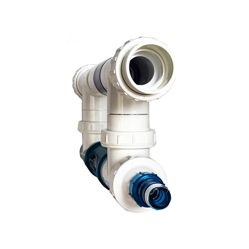Solaxx Precision UV two inch union connections on the manifold where it plumbs into the return line