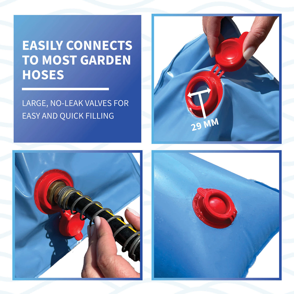 Blue Wave 4-ft Step Water Tube - valve detail: 29 mm no-leak cap and garden-hose fill connection