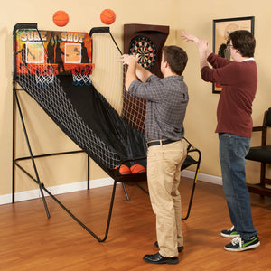 Hathaway Sure Shot Basketball Arcade - two players shooting at the twin hoops in a games room