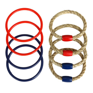 Hathaway Ring Toss Game Set - four moulded ABS rings beside four braided rope rings