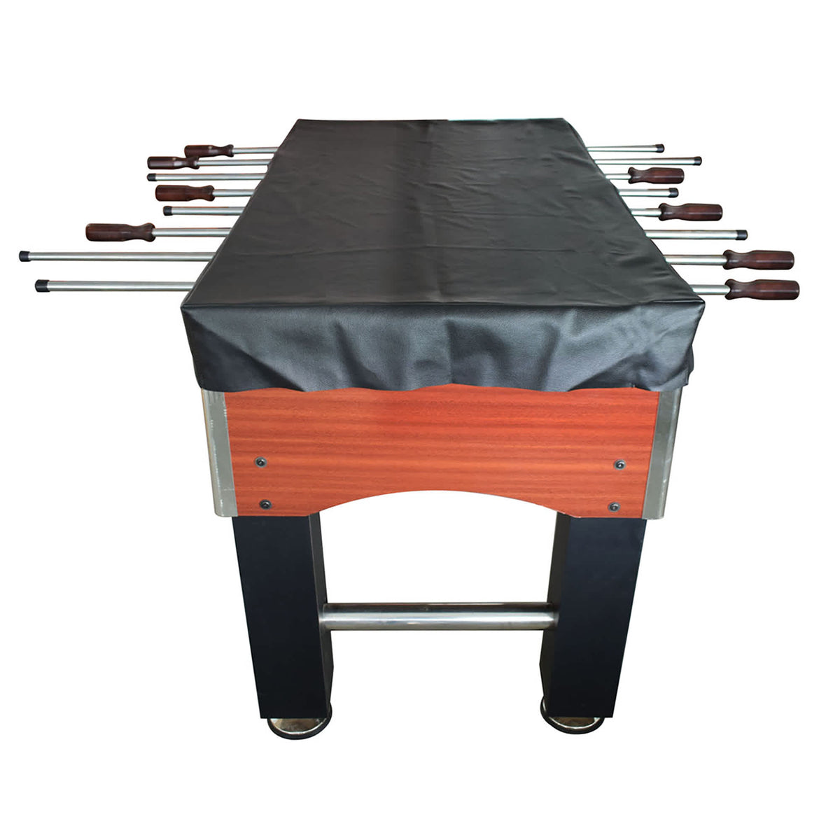 Hathaway 56-in Foosball Table Cover - end-on view with the cover skirt hanging between the rods