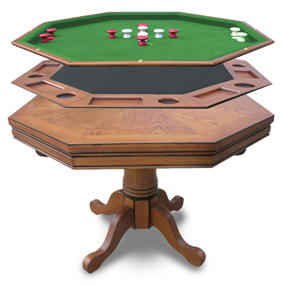 Hathaway Kingston Poker Table Set, Oak - the three tops stacked apart above the pedestal base