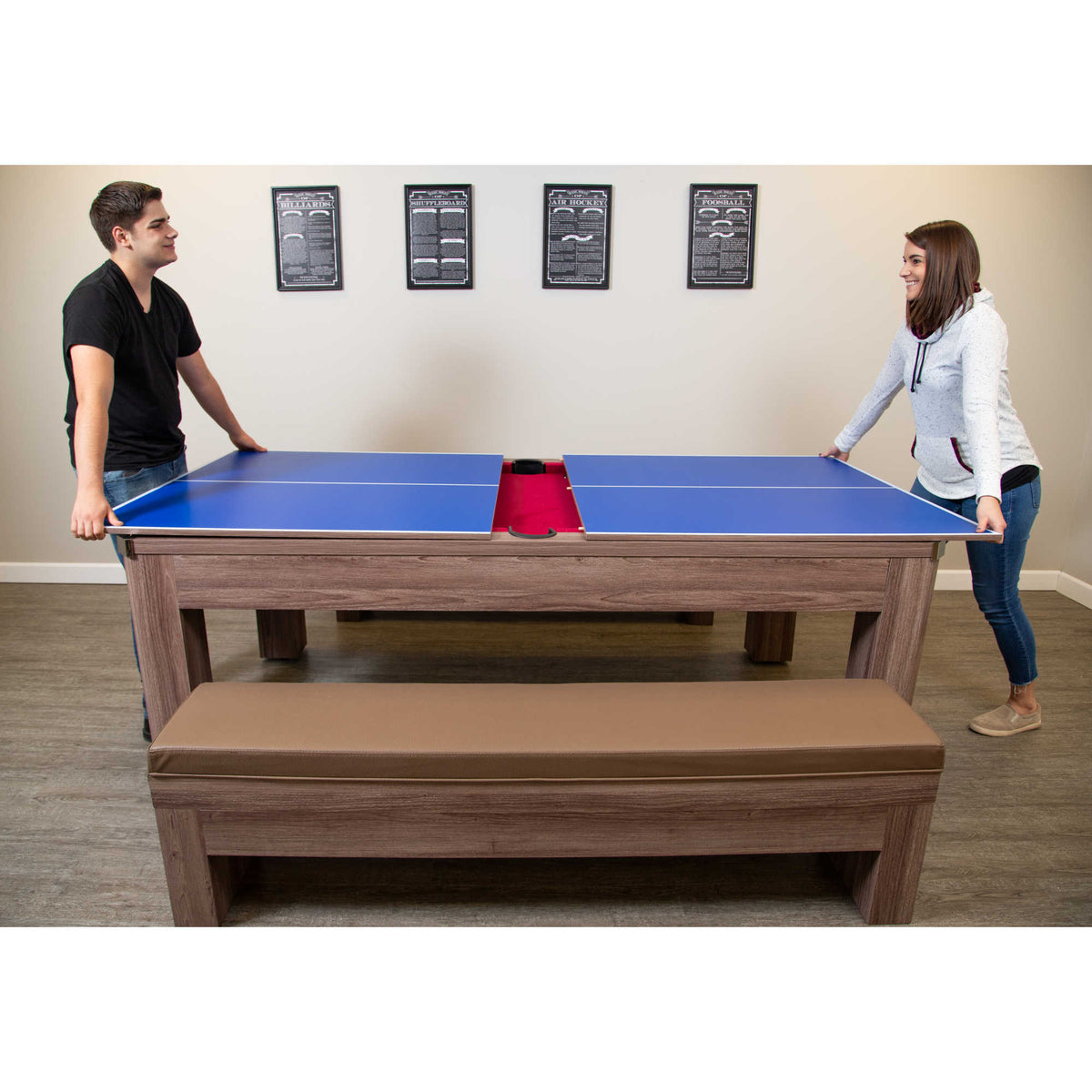Hathaway Newport 7-ft Pool Table Combo Set with Benches - Light Oak with Red Felt Game Room Table — shown in use (2)