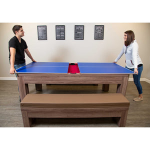 Hathaway Newport 7-ft Pool Table Combo Set with Benches - Light Oak with Red Felt Game Room Table — shown in use (2)