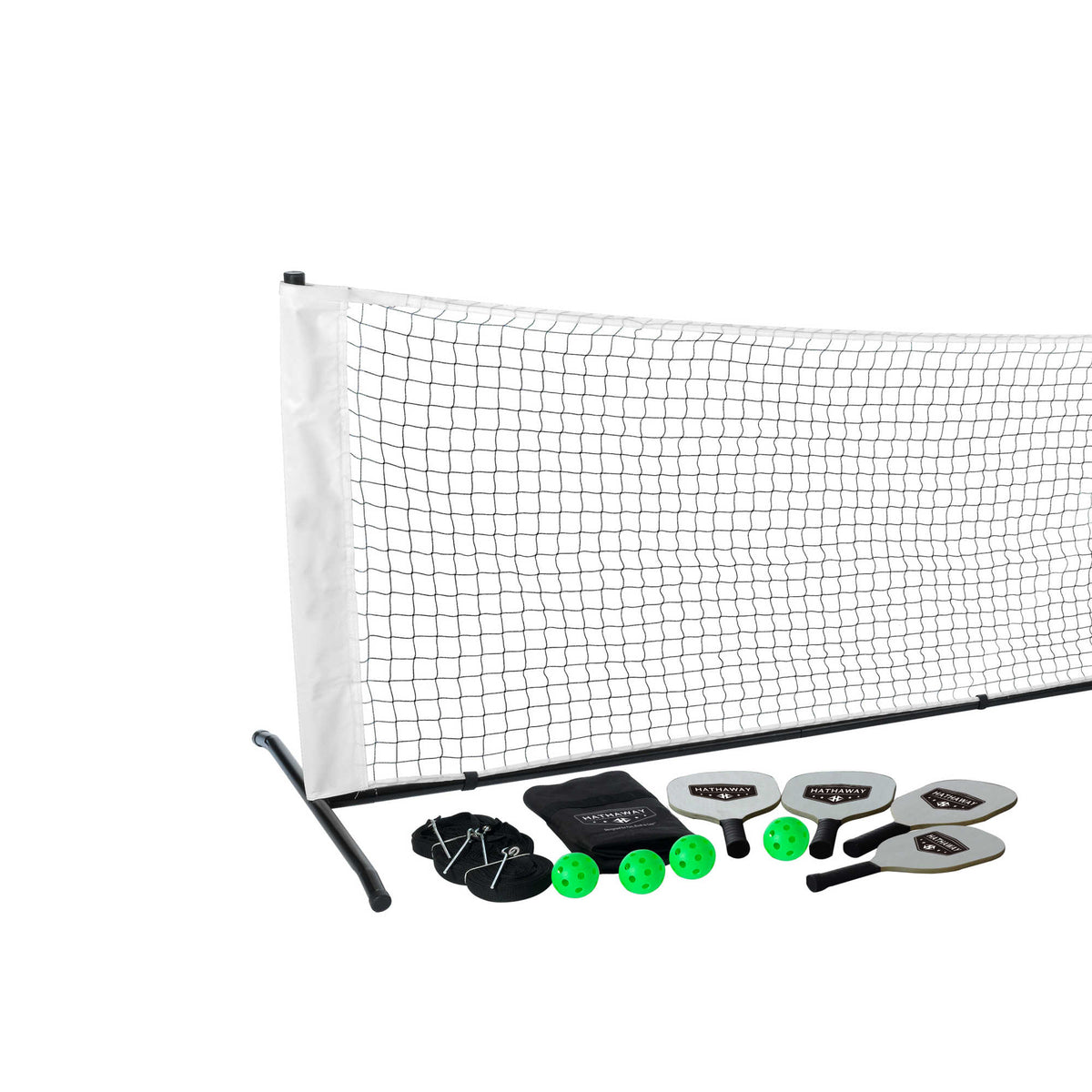Hathaway Deluxe Pickleball Set - net erected with the four paddles and balls alongside