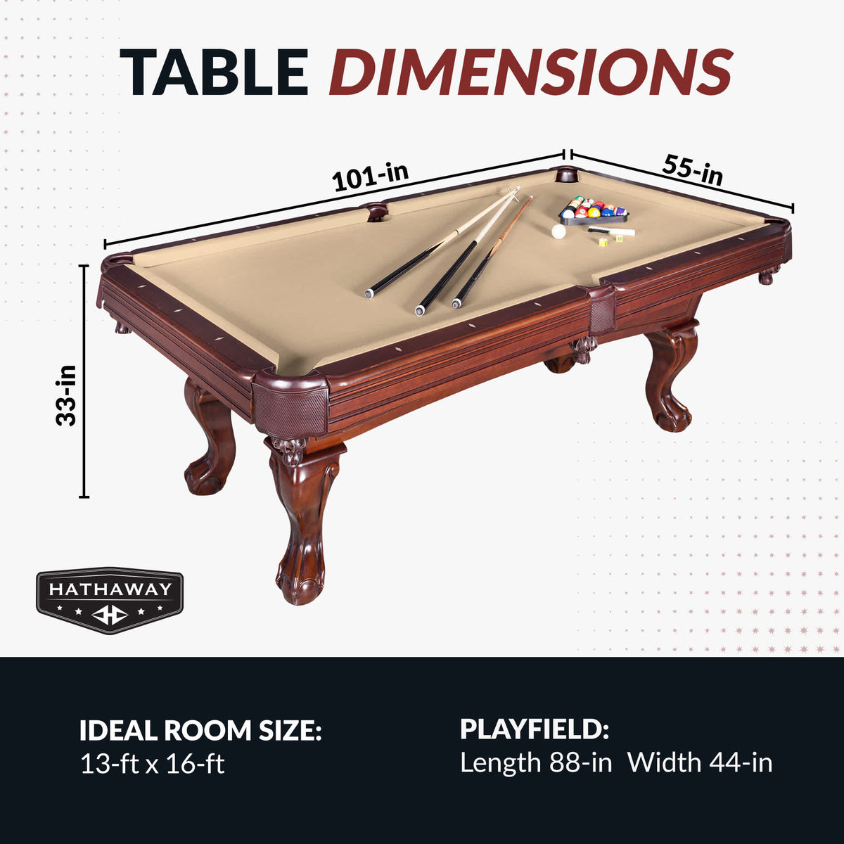 Hathaway Augusta 8-ft Pool Table - Walnut Finish with Camel Felt Game Room Table — dimension and specification diagram