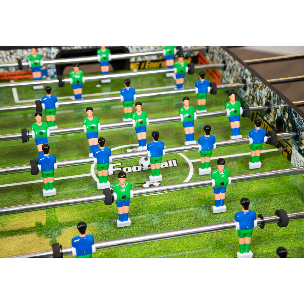 Hathaway Playoff Foosball Table - blue and green player figures ranked across the pitch