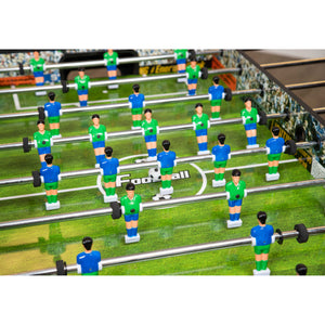 Hathaway Playoff Foosball Table - blue and green player figures ranked across the pitch