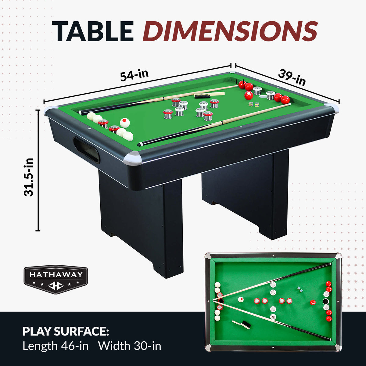 Hathaway Renegade 54-in Bumper Pool Table - Slate - Black with Green Felt Game Room — dimension and specification diagram