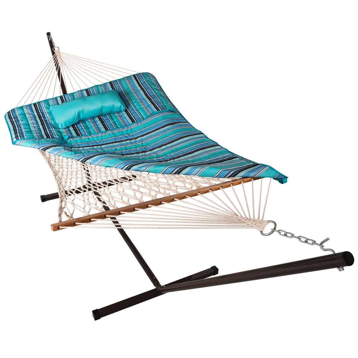 Island Retreat Hammock Pillow and Pad Set - striped pad and pillow laid on a rope hammock