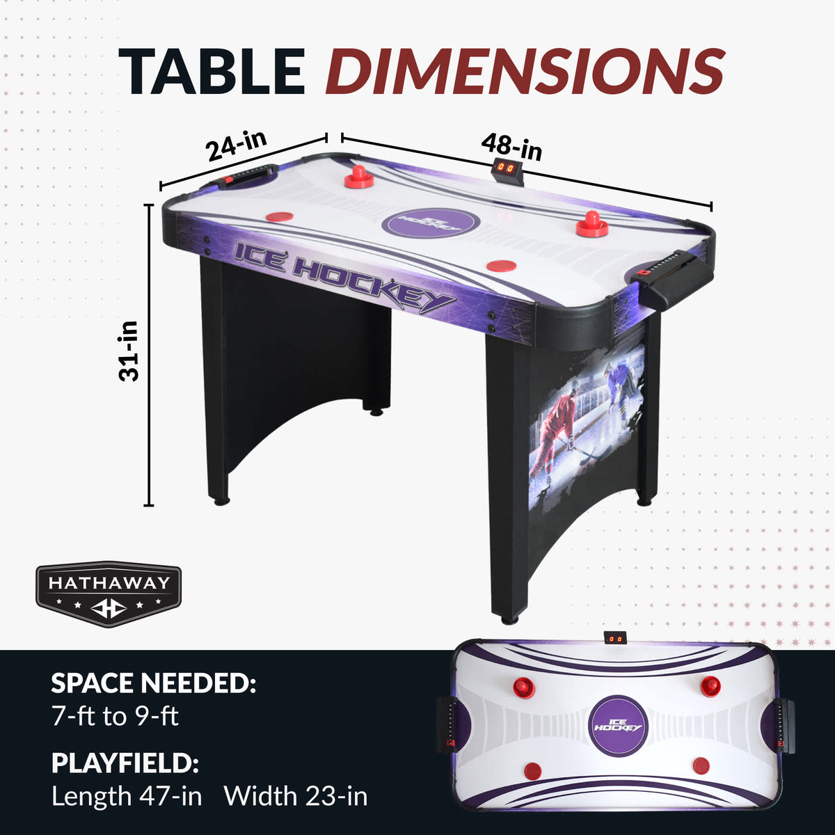 Hathaway Hat Trick Air Hockey Table - 48 x 24 x 31 in; 47 x 23 in playfield, 7-9 ft space needed