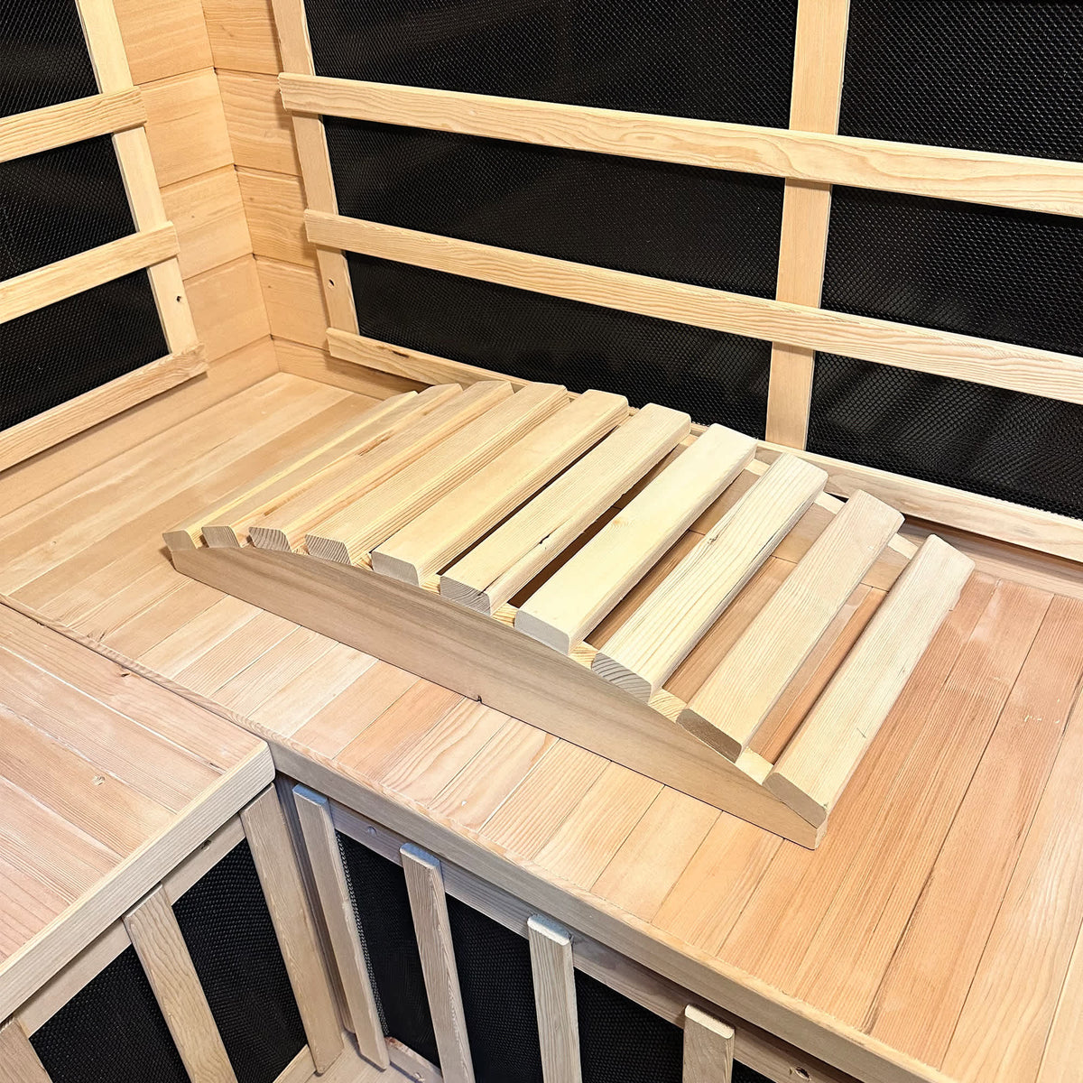 HeatWave Deluxe Sauna Accessory Kit - slatted hemlock mat sitting on the sauna bench