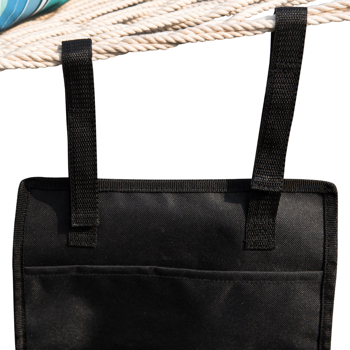 Island Umbrella Hammock Organizer - organizer hanging by both straps from a rope hammock