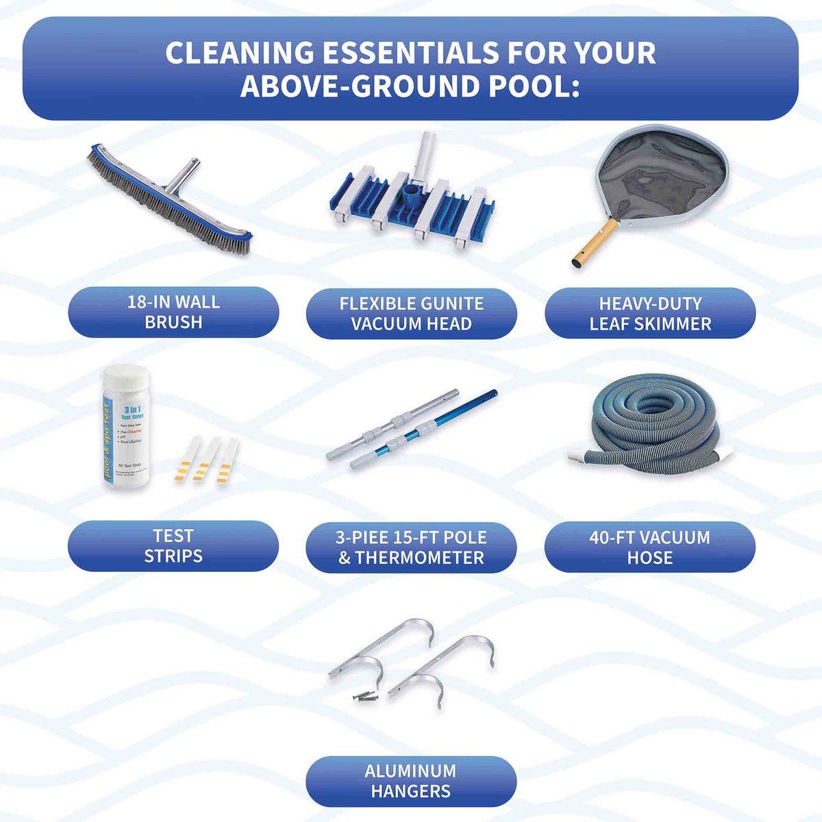 Blue Wave Deluxe Pool Maintenance Kit - labelled contents: wall brush, vacuum head, leaf skimmer, pole, hose