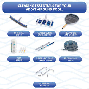 Blue Wave Deluxe Pool Maintenance Kit - labelled contents: wall brush, vacuum head, leaf skimmer, pole, hose