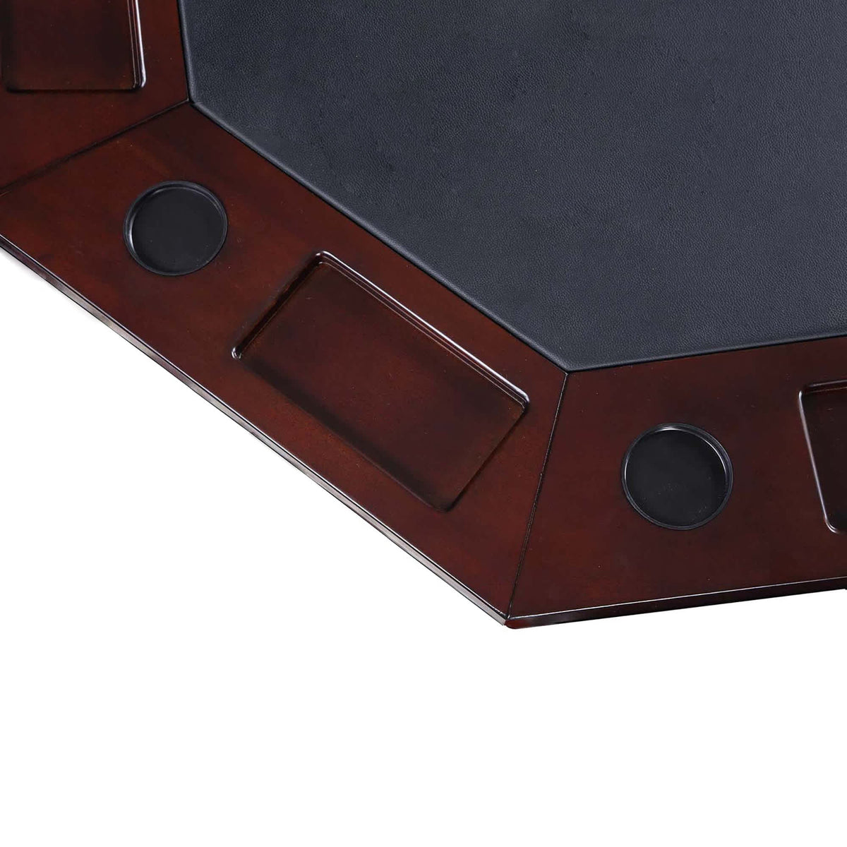 Hathaway Kingston Poker Table Set, Walnut - corner of the poker top with cup holder and chip tray