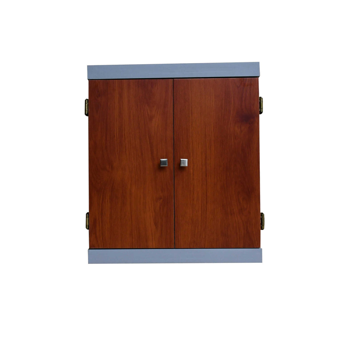 Hathaway Geneva Dartboard Cabinet - doors closed, showing the cherry panels and grey surround