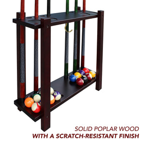 Hathaway Classic Floor Cue Rack - rack holding six cues with the full ball set on the lower shelf