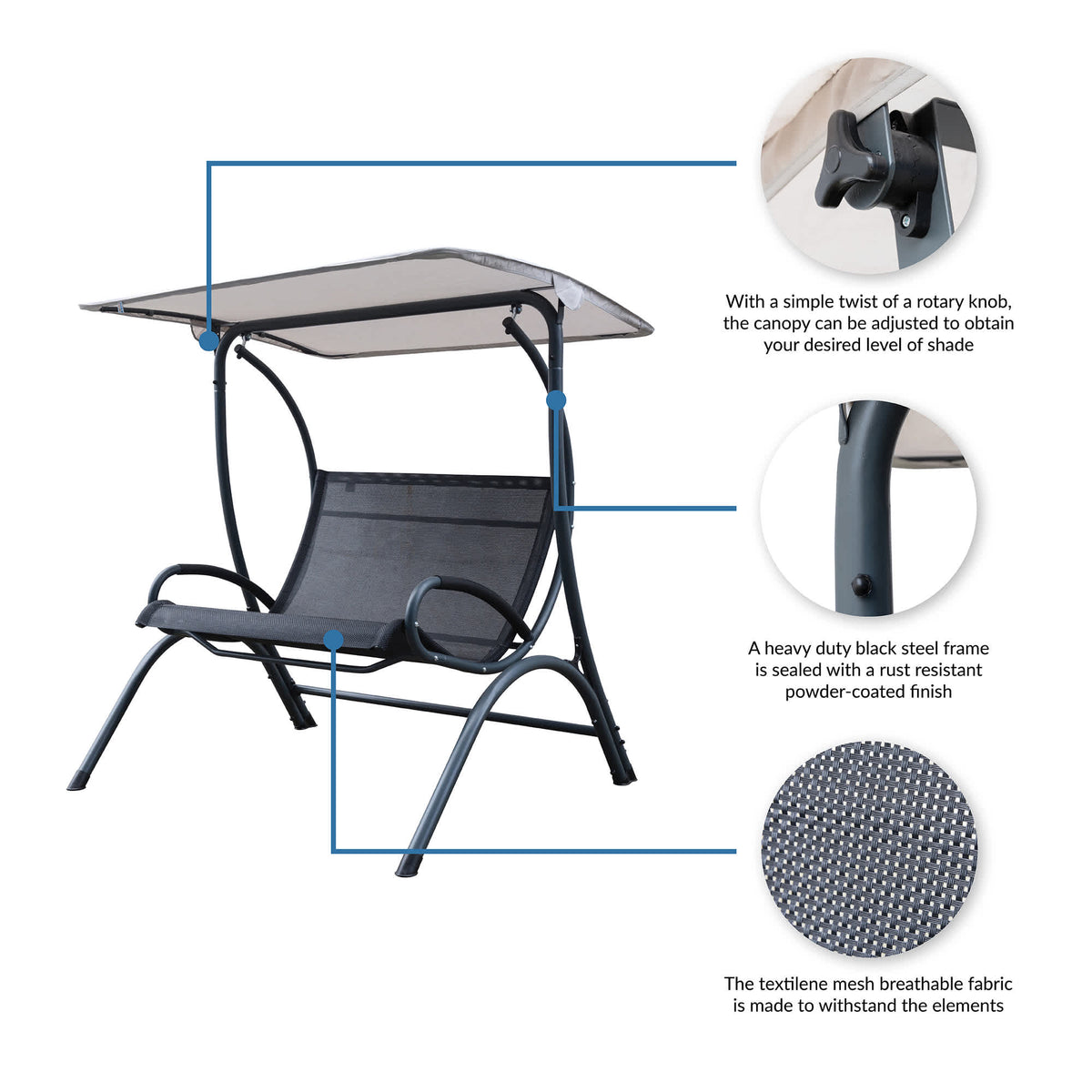 Island Retreat Sea Breeze Dual Swing - rotary knob canopy tilt, steel frame and textilene mesh seat