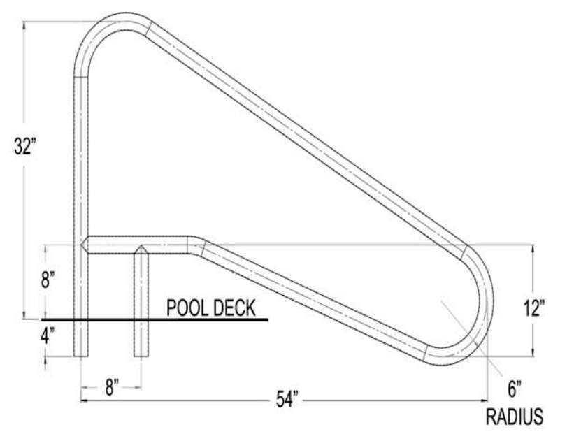 Global Pool Products welded brace dip-to-water handrail dimension drawing