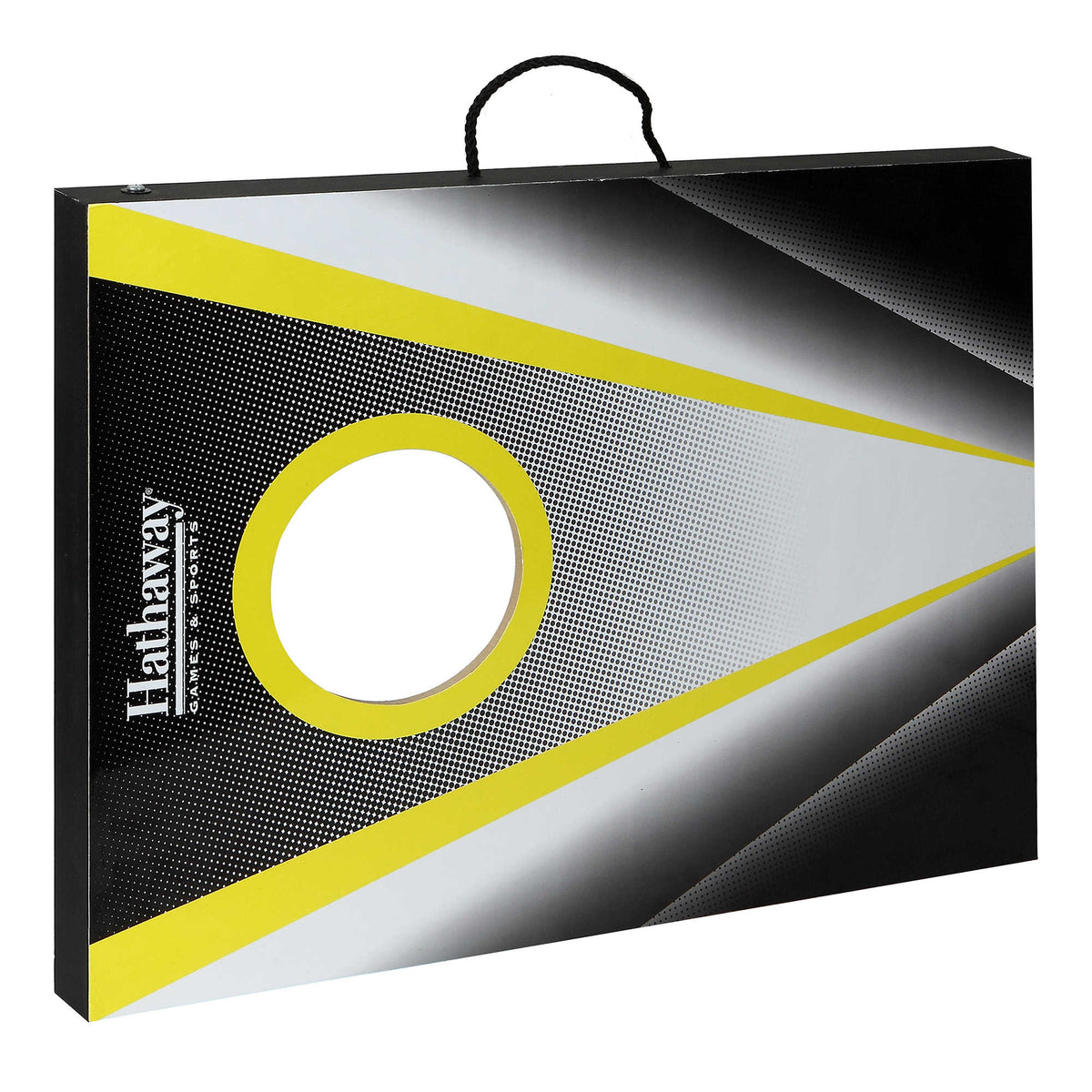 Hathaway Compact Cornhole Set - board folded closed with the rope carry handle at the top